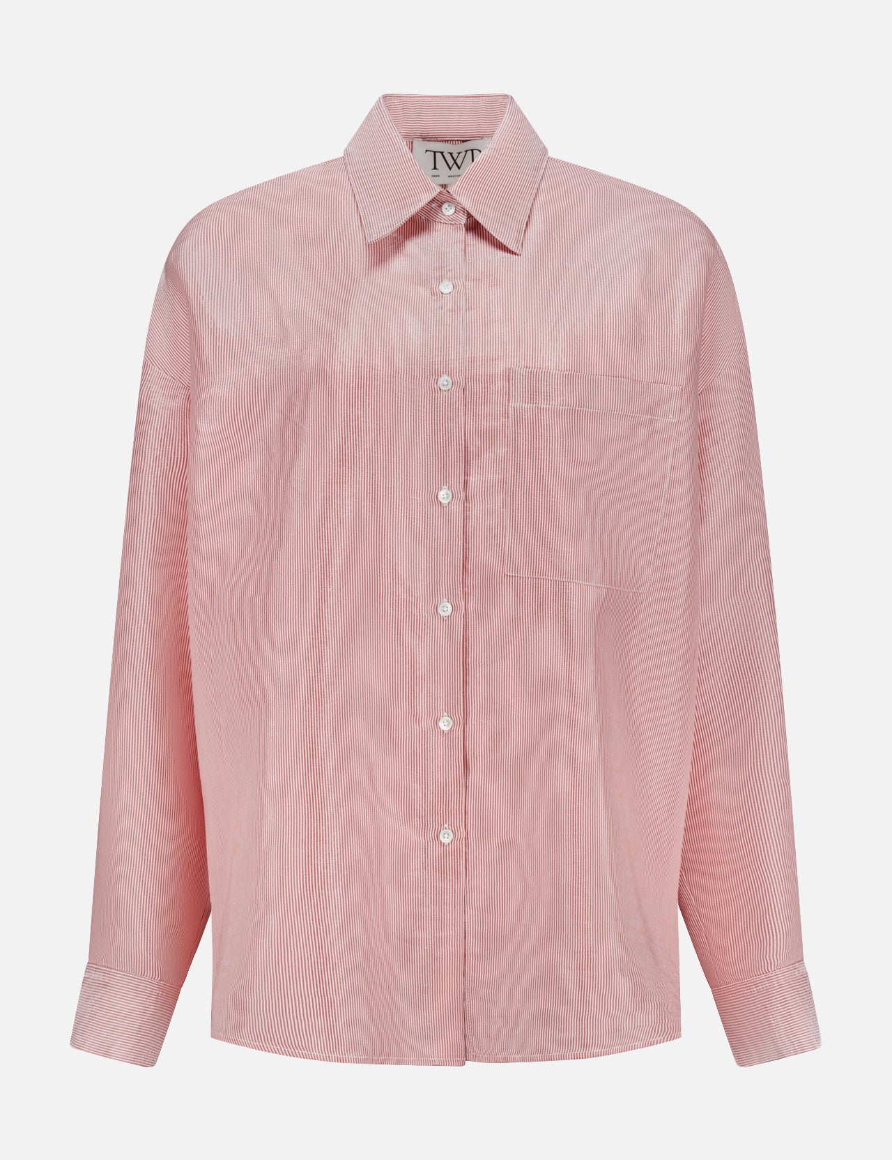 The TWP Something Borrowed Striped Shirt features light pink, long sleeves, a button-up front, collar, chest pocket, and subtle stripe texture—ideal stylish workwear for women. Displayed on a plain white background.