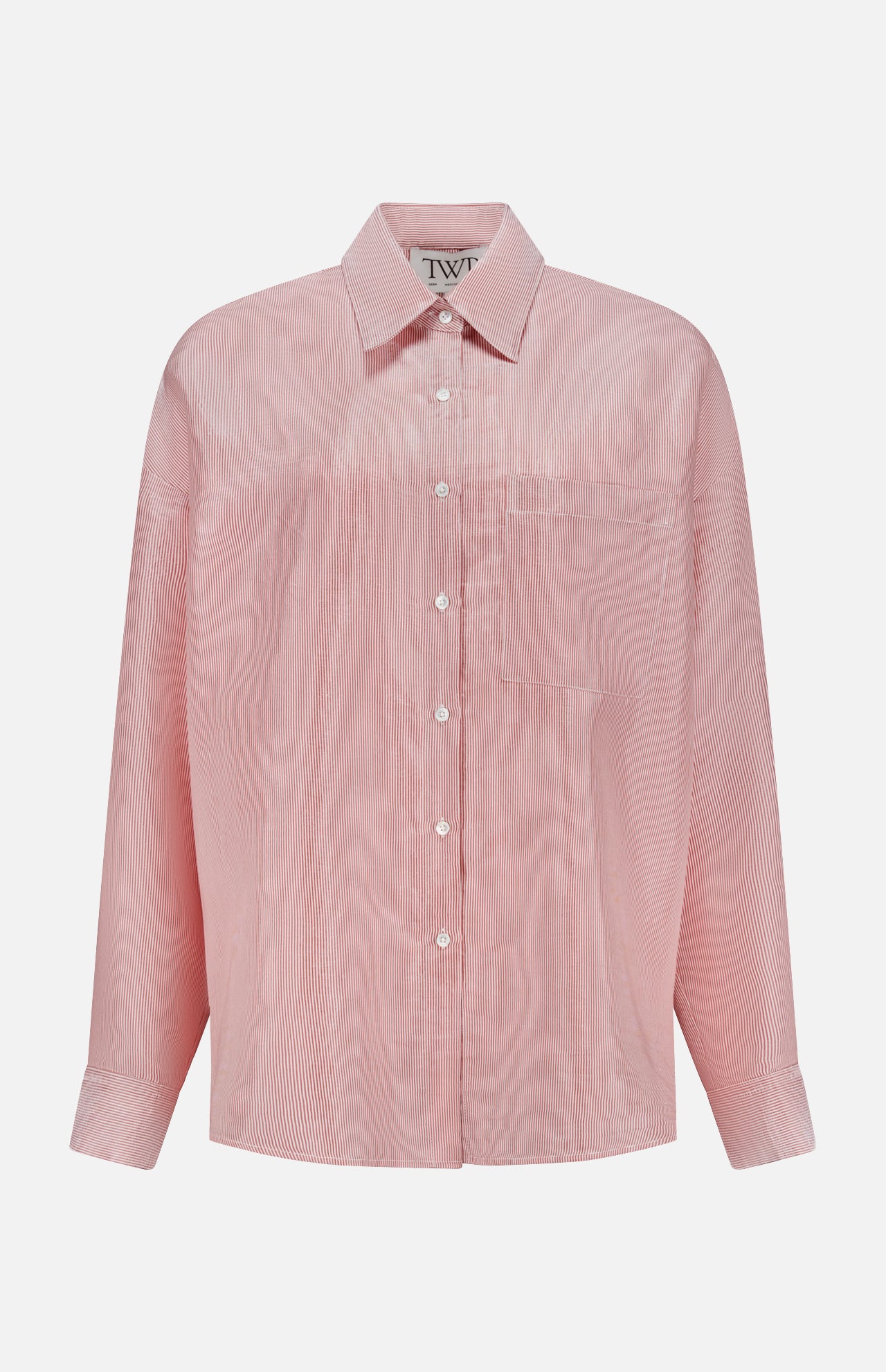 The TWP Something Borrowed Striped Shirt features light pink, long sleeves, a button-up front, collar, chest pocket, and subtle stripe texture—ideal stylish workwear for women. Displayed on a plain white background.