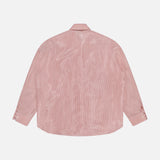 The TWP Something Borrowed Striped Shirt is a light pink, long-sleeve cotton-blend shirt with a classic collar and buttoned cuffs, shown laid flat with the back facing up—an effortless women’s workwear option.