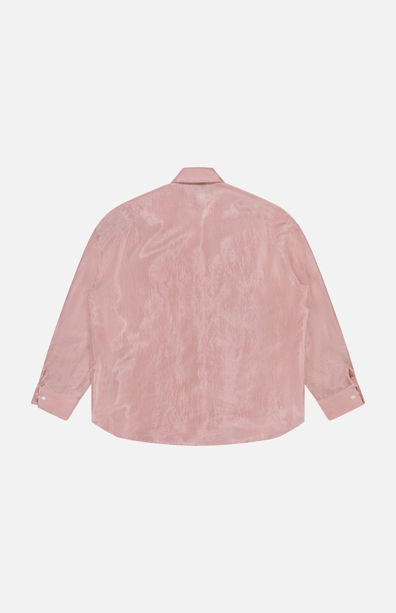 The TWP Something Borrowed Striped Shirt is a light pink, long-sleeve cotton-blend shirt with a classic collar and buttoned cuffs, shown laid flat with the back facing up—an effortless women’s workwear option.
