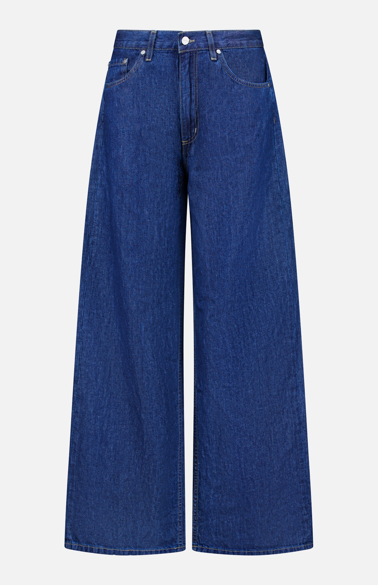 The Song Sung Blue Jean in Dark Stone by TWP features a high waist, wide-leg silhouette, front button and zipper closure, and two front pockets. Displayed on a plain white background, these women’s relaxed jeans bring effortless style and comfort to any casual occasion.
