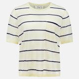 The TWP Striped Short Sleeve T-shirt for women features thin black stripes on light yellow, a round neckline, and a small chest pocket. An inside-collar label displays the TWP brand.