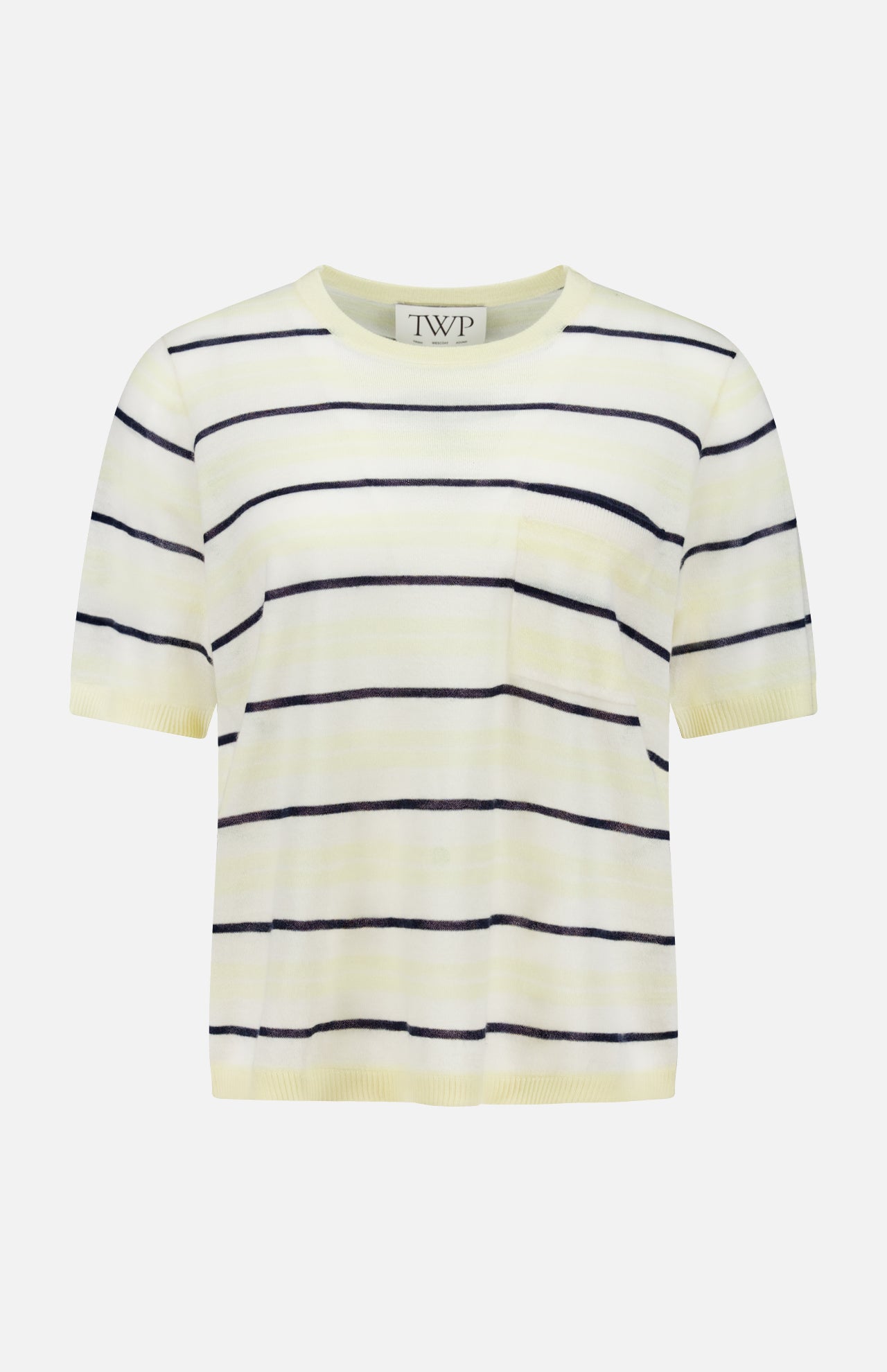 The TWP Striped Short Sleeve T-shirt for women features thin black stripes on light yellow, a round neckline, and a small chest pocket. An inside-collar label displays the TWP brand.