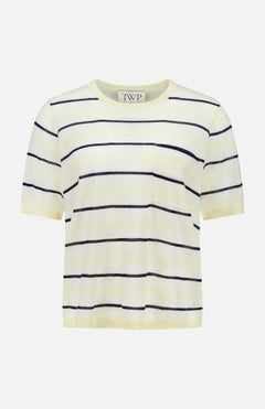 The TWP Striped Short Sleeve T-shirt for women features thin black stripes on light yellow, a round neckline, and a small chest pocket. An inside-collar label displays the TWP brand.