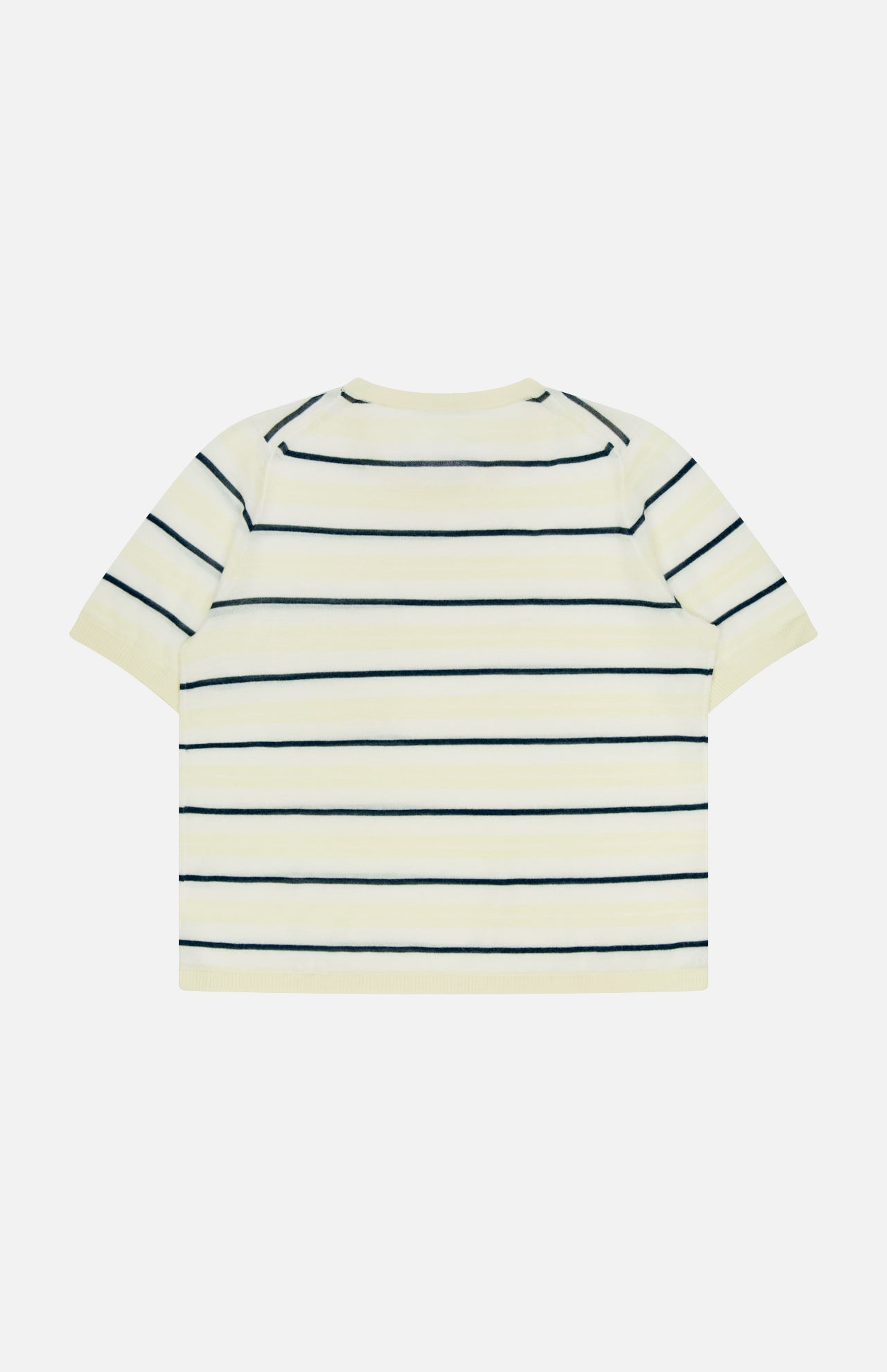 The TWP Striped Short Sleeve T-shirt: a cream women's tee with evenly spaced navy stripes, shown flat from the back on a white background—a timeless workwear staple.