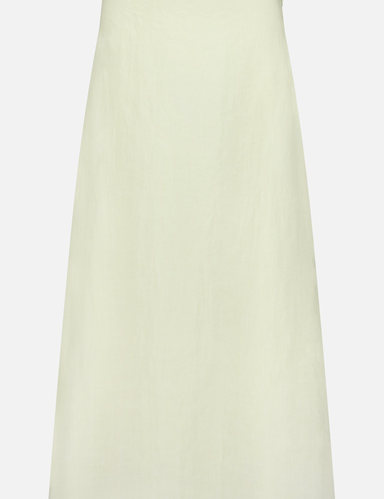 The A-Line Linen Skirt by TWP is a lightweight, light cream-colored workwear skirt for women featuring an A-line silhouette, shown on a white background.