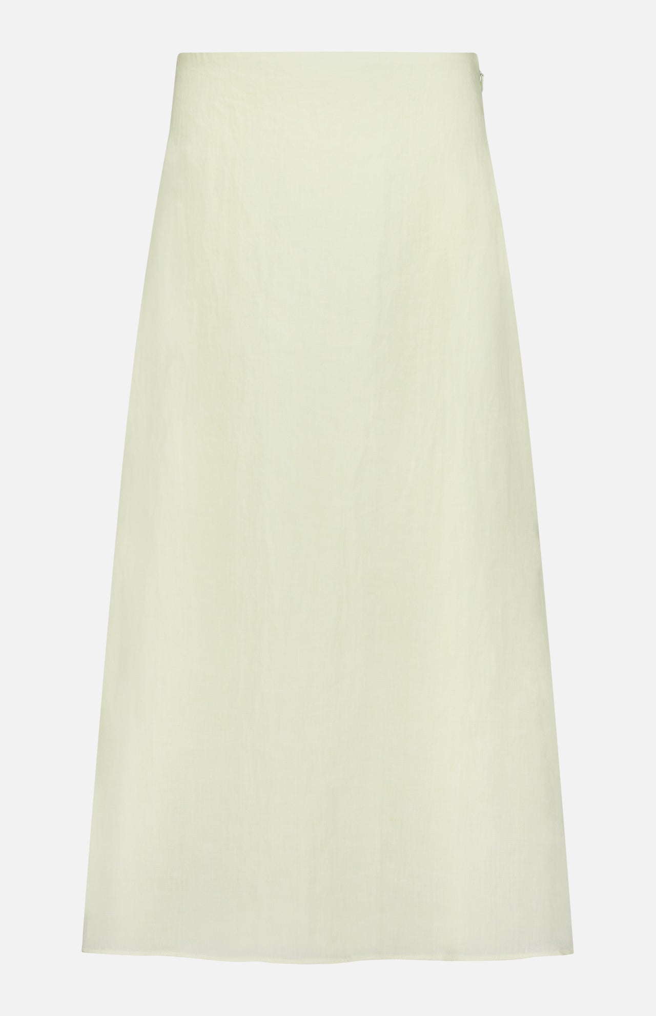 The A-Line Linen Skirt by TWP is a lightweight, light cream-colored workwear skirt for women featuring an A-line silhouette, shown on a white background.