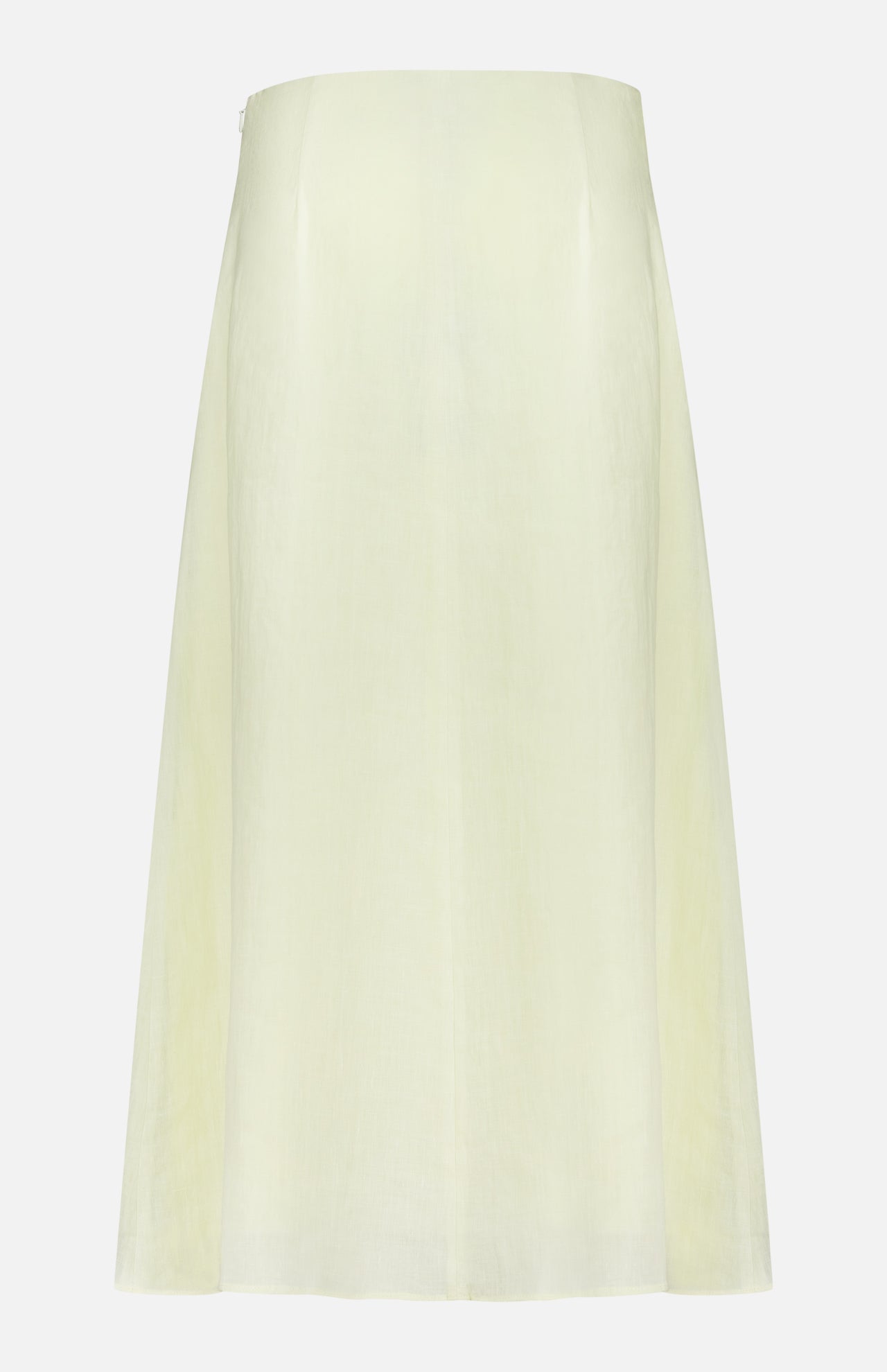 The A-Line Linen Skirt by TWP is a light yellow, high-waisted A-line midi made from soft, semi-sheer linen—an elegant women’s workwear piece shown on a plain white background.