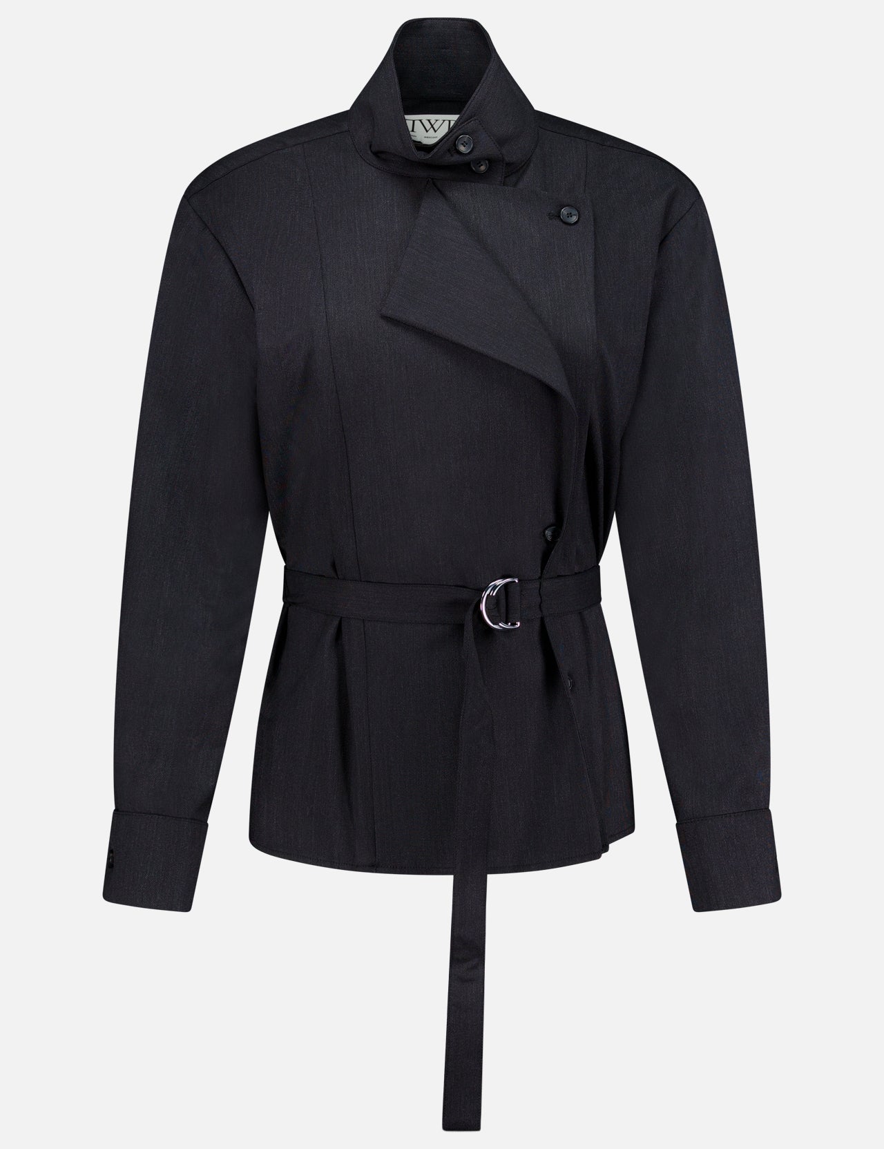 The Last Chapter Shirt by TWP features a black belted design with long sleeves, a high neck, asymmetrical front closure, and distinctive button accents at the shoulder and cuffs. Expertly crafted from Italian wool twill for sophisticated women’s workwear, it is shown against a plain white background.