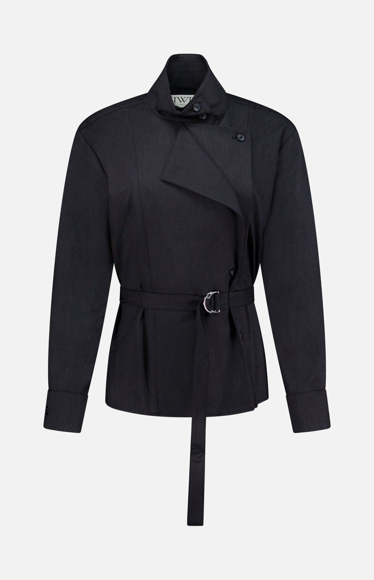 The Last Chapter Shirt by TWP features a black belted design with long sleeves, a high neck, asymmetrical front closure, and distinctive button accents at the shoulder and cuffs. Expertly crafted from Italian wool twill for sophisticated women’s workwear, it is shown against a plain white background.
