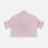 A back view of the TWP Tie One On Striped Shirt: a short-sleeve, collared top with thin red and white vertical stripes and rolled sleeves, shown laid flat on a white background—perfect for nautical looks or smart workwear.