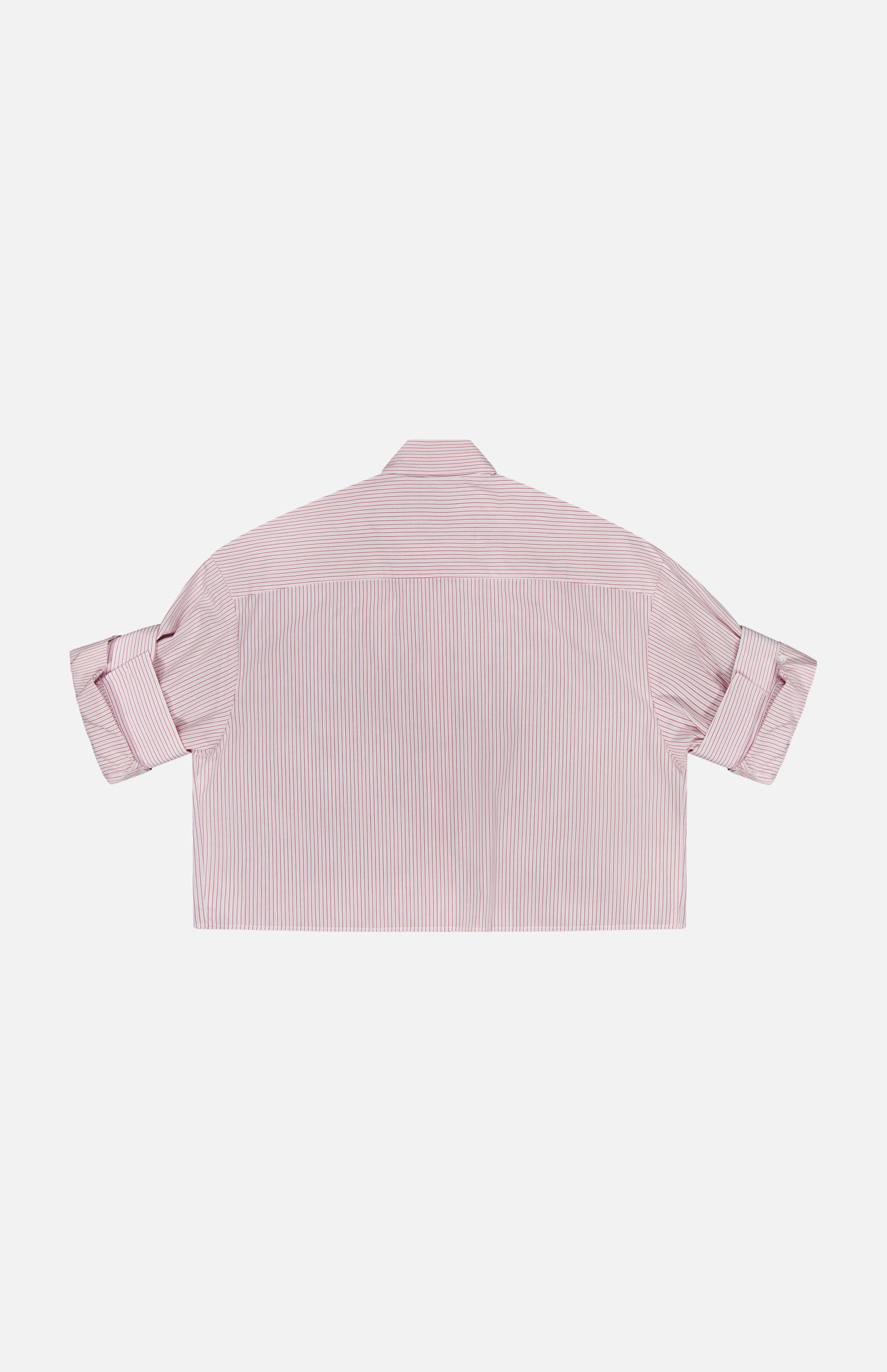 A back view of the TWP Tie One On Striped Shirt: a short-sleeve, collared top with thin red and white vertical stripes and rolled sleeves, shown laid flat on a white background—perfect for nautical looks or smart workwear.