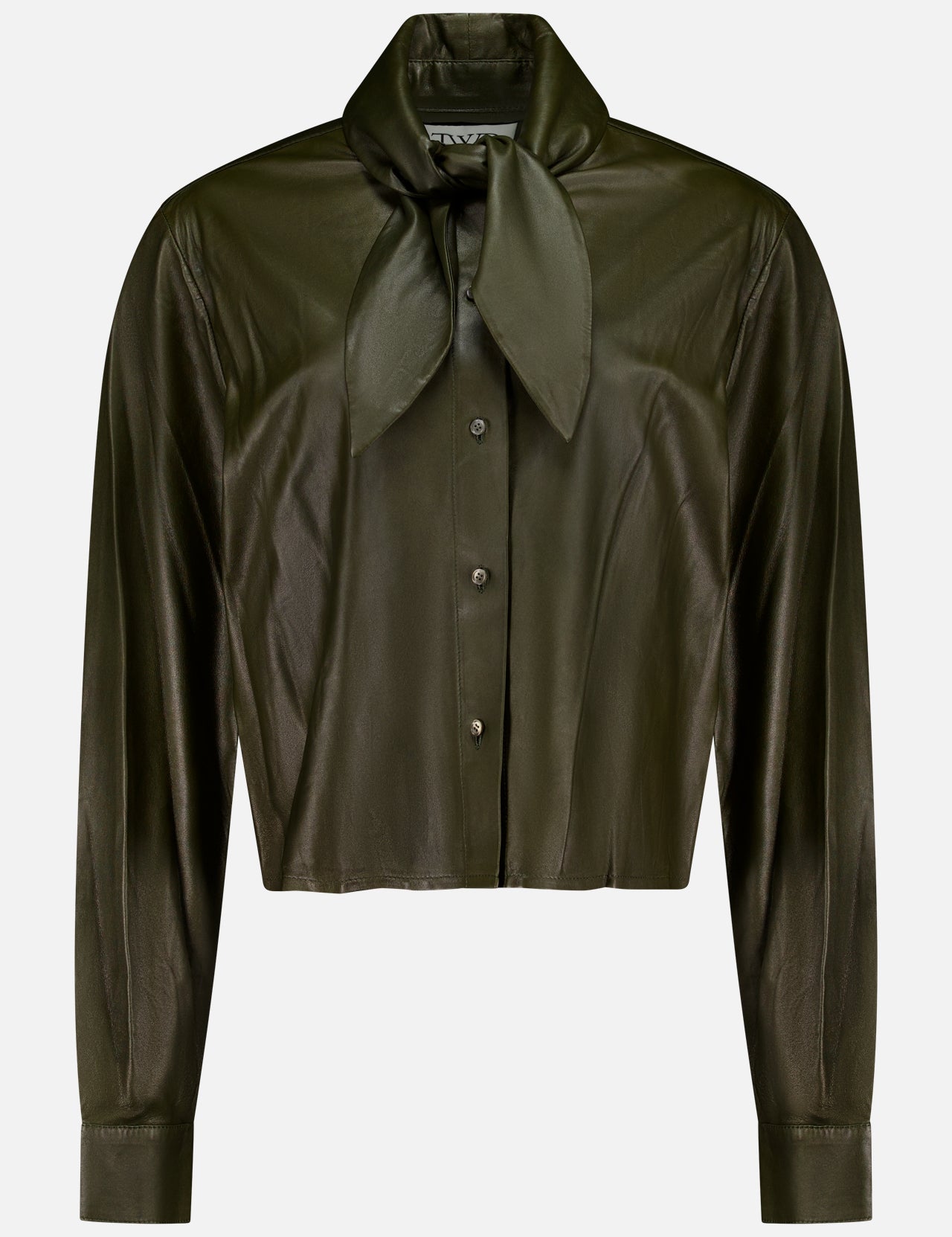 TWP’s Tied Up In You Shirt, a dark green button-up blouse with long sleeves, features an oversized neck tie and a shiny finish—an elevated take on classic women’s workwear, shown against a plain white background.