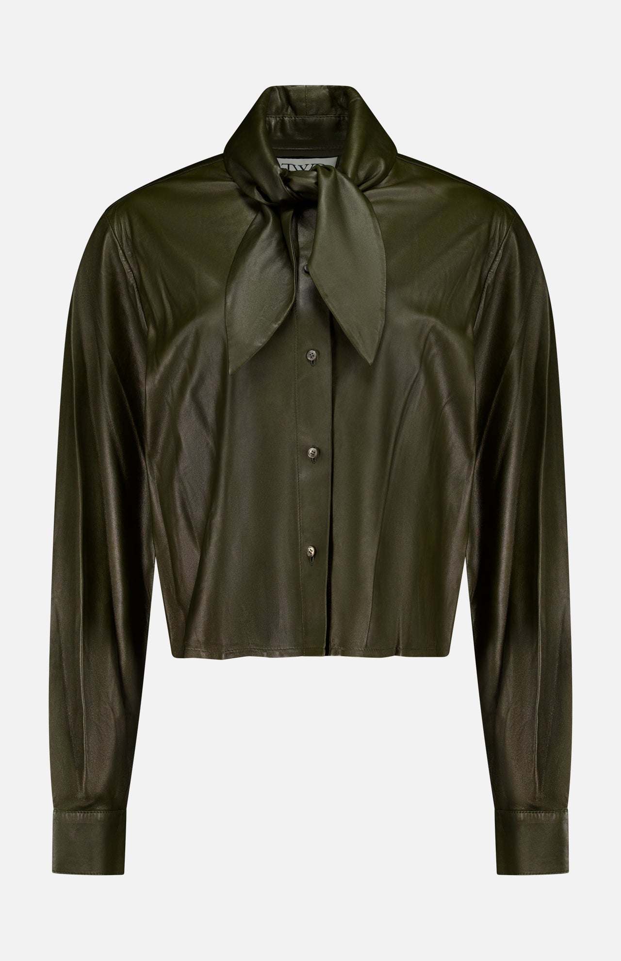 TWP’s Tied Up In You Shirt, a dark green button-up blouse with long sleeves, features an oversized neck tie and a shiny finish—an elevated take on classic women’s workwear, shown against a plain white background.