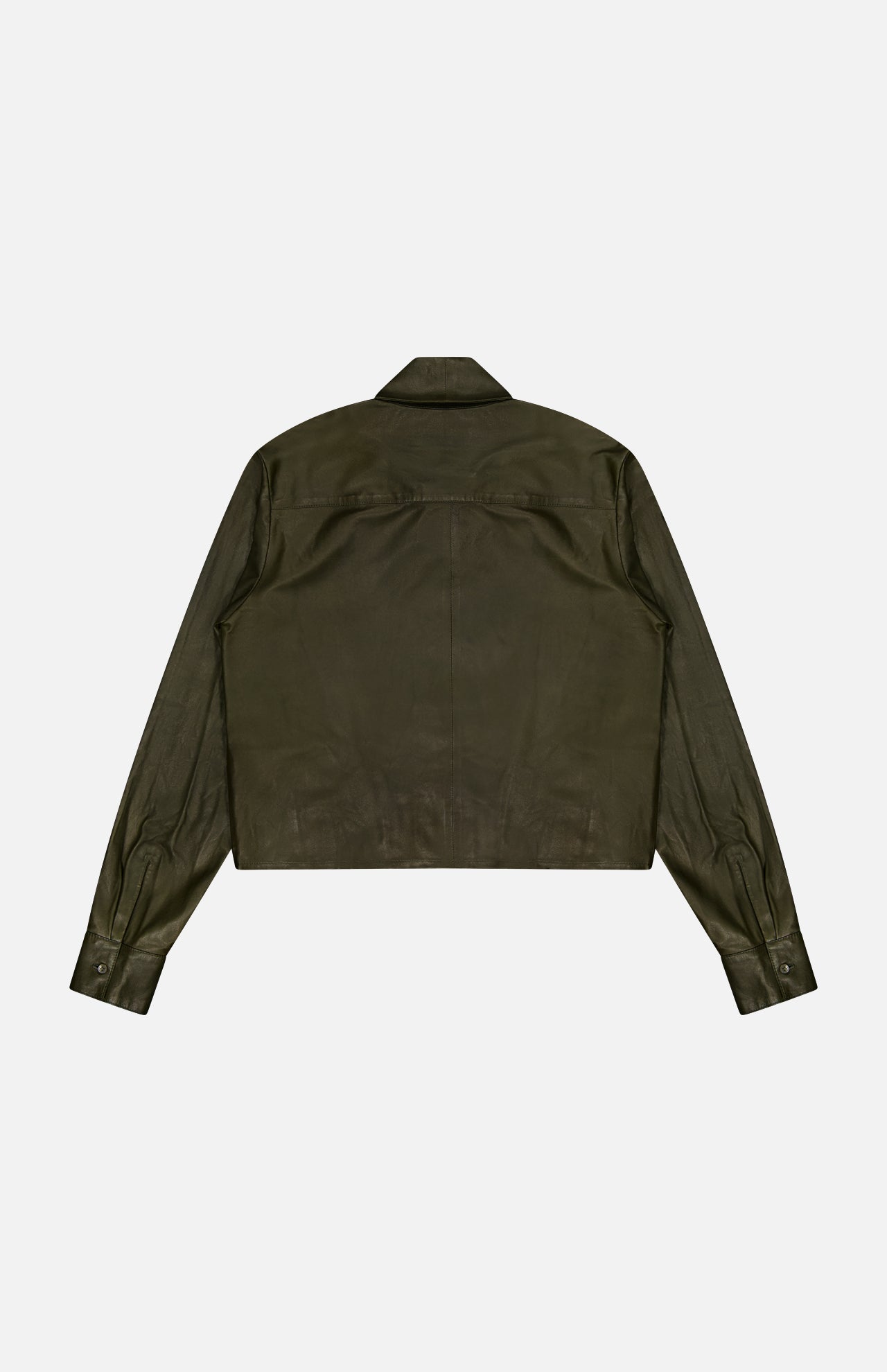 A back view of the Tied Up In You Shirt by TWP, a long-sleeve olive green leather button-down shirt jacket featuring a collar, buttoned cuffs, and a straight hem, displayed on a plain white background.