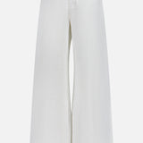 The TWP West 11th St Pant is a high-waisted, wide-leg white linen-cotton denim pant with front button and zipper closure and five-pocket design—ideal workwear for women, shown against a white background.