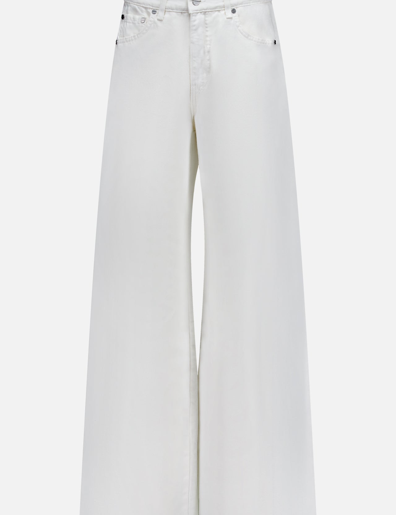 The TWP West 11th St Pant is a high-waisted, wide-leg white linen-cotton denim pant with front button and zipper closure and five-pocket design—ideal workwear for women, shown against a white background.