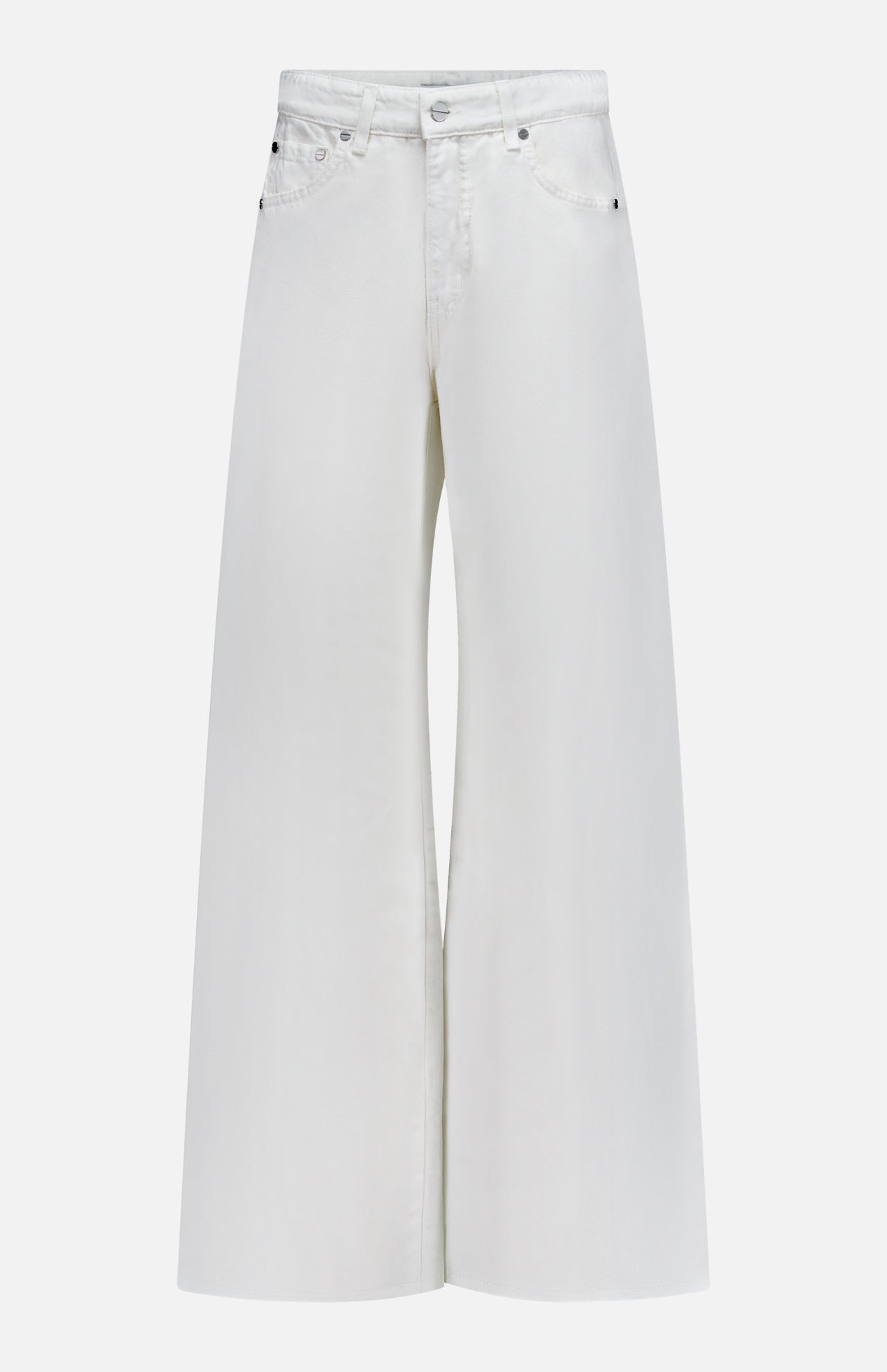 The TWP West 11th St Pant is a high-waisted, wide-leg white linen-cotton denim pant with front button and zipper closure and five-pocket design—ideal workwear for women, shown against a white background.