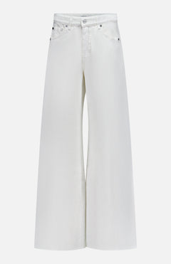 The TWP West 11th St Pant is a high-waisted, wide-leg white linen-cotton denim pant with front button and zipper closure and five-pocket design—ideal workwear for women, shown against a white background.