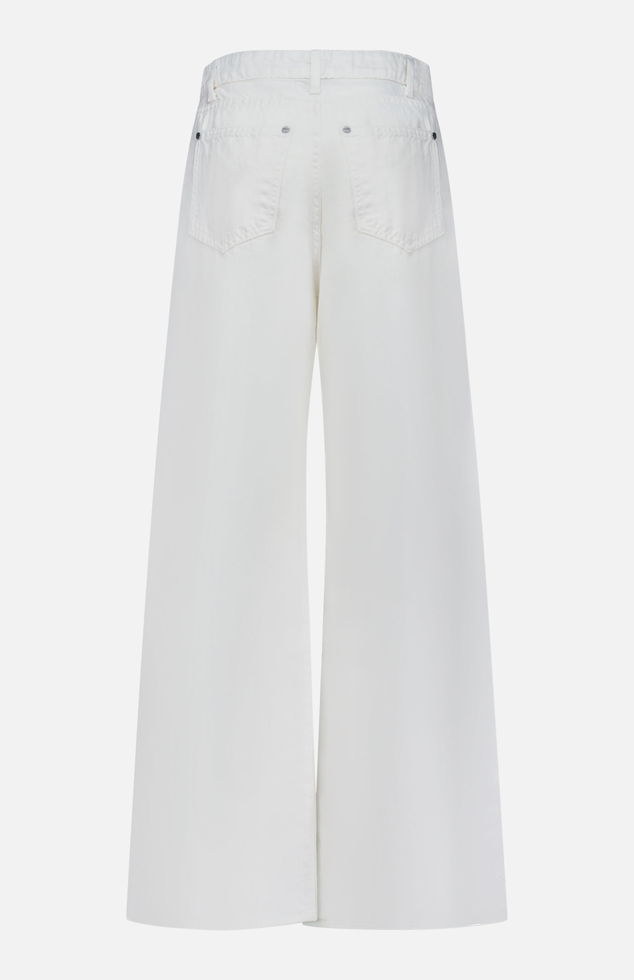 Back view of the TWP West 11th St Pant, a high-waist wide-leg style in white linen-cotton denim with two back pockets and silver rivet accents, shown against a plain white background.