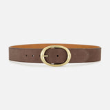 The TWP Wide Leather Belt, crafted from rich brown leather and featuring a large oval-shaped gold buckle, is displayed against a plain white background.