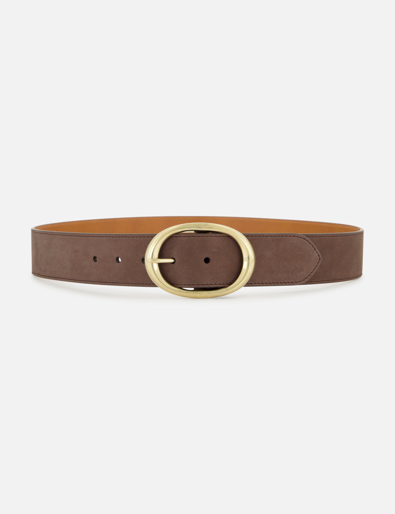 The TWP Wide Leather Belt, crafted from rich brown leather and featuring a large oval-shaped gold buckle, is displayed against a plain white background.
