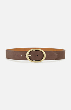 The TWP Wide Leather Belt, crafted from rich brown leather and featuring a large oval-shaped gold buckle, is displayed against a plain white background.