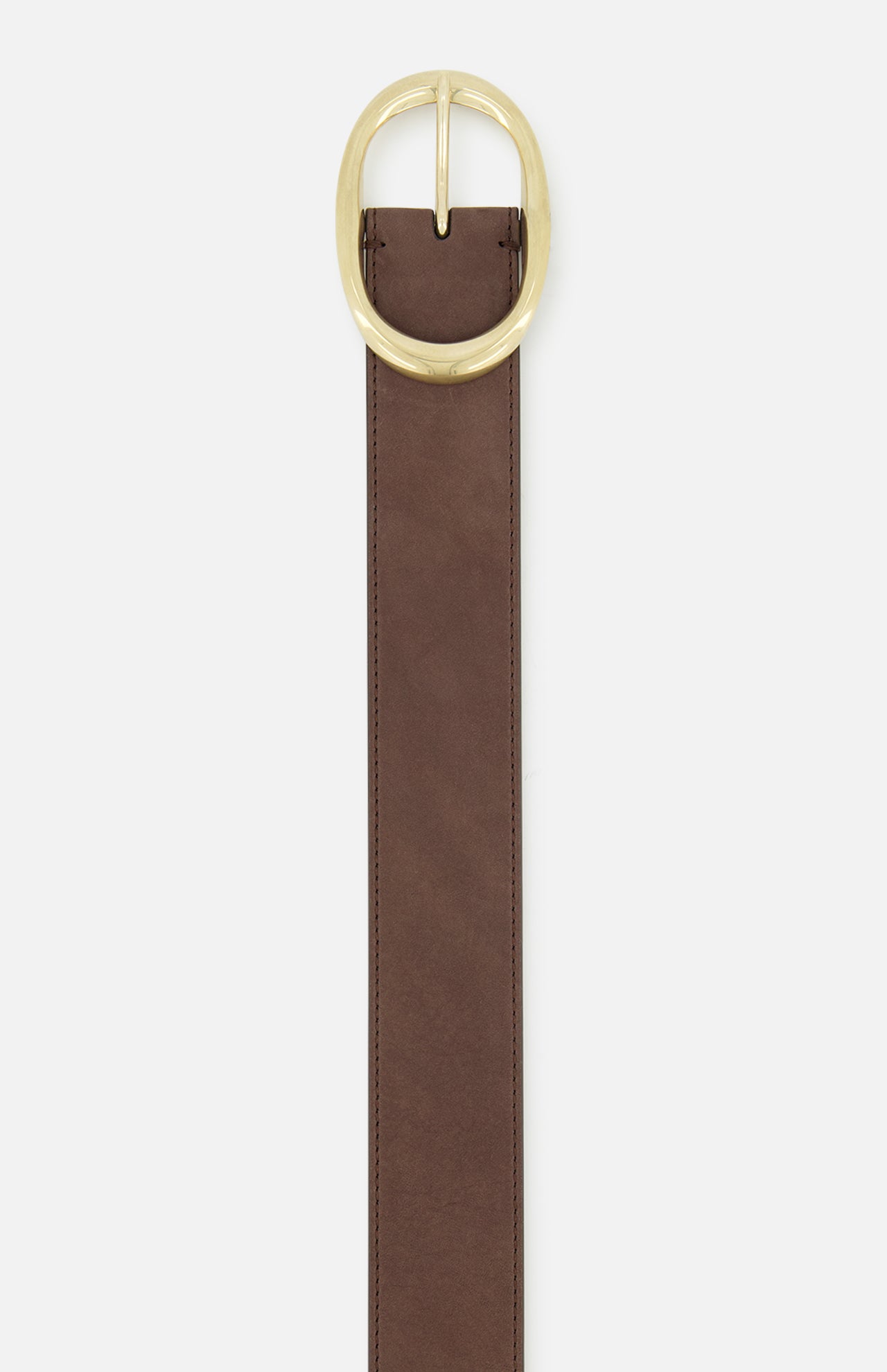 Introducing the Wide Leather Belt by TWP—a women's brown leather belt featuring neat stitching and a large, oval gold buckle. Photographed vertically against a white background, this wide designer accessory effortlessly elevates any luxury workwear ensemble.