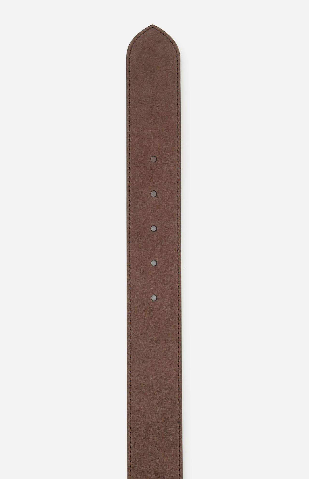 A close-up of the TWP Wide Leather Belt for women in brown leather, featuring five holes and visible edge stitching, is displayed vertically against a white background. The pointed tip and luxury craftsmanship highlight its workwear appeal.