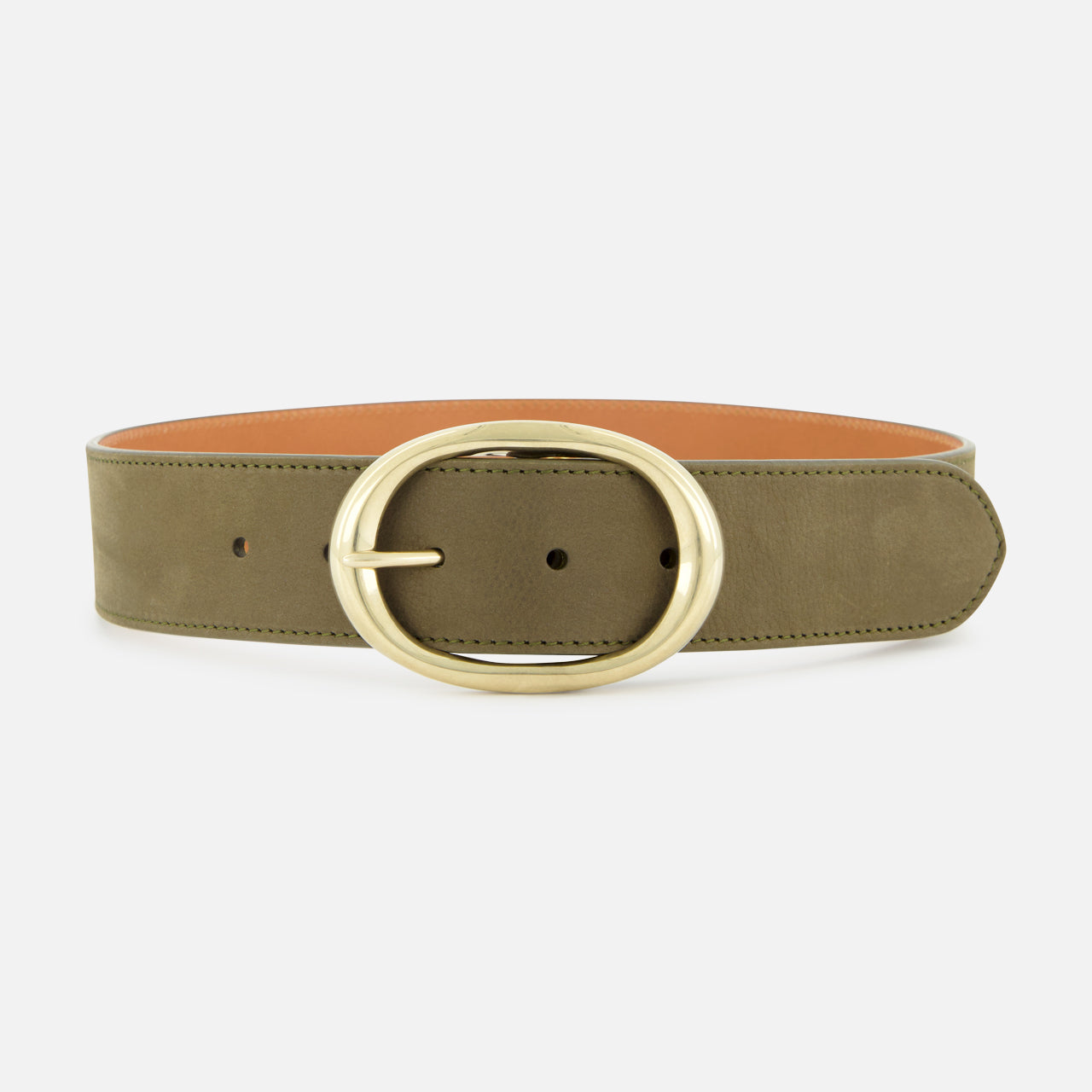 The TWP Wide Leather Belt is an olive-green leather belt with a large oval gold buckle, ideal for women's workwear, shown on a plain white background.