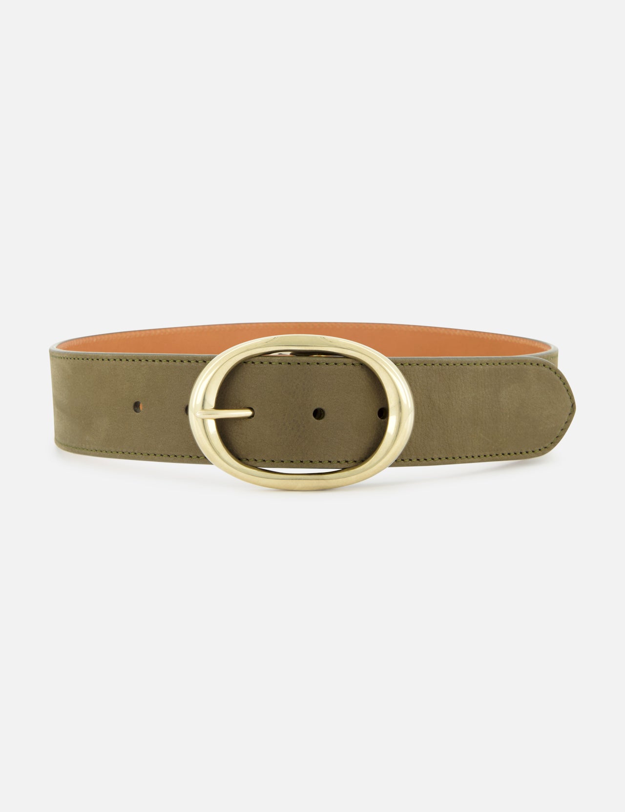 The TWP Wide Leather Belt is an olive-green leather belt with a large oval gold buckle, ideal for women's workwear, shown on a plain white background.