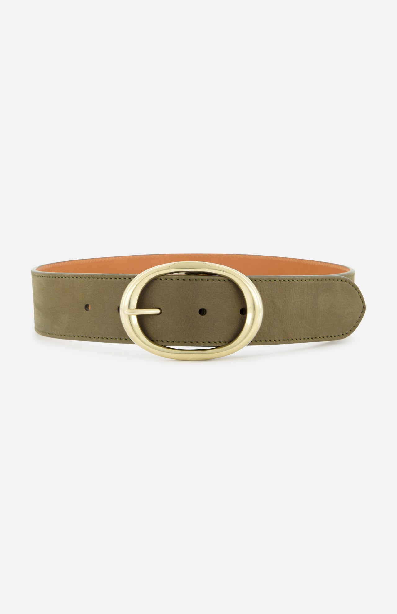The TWP Wide Leather Belt is an olive-green leather belt with a large oval gold buckle, ideal for women's workwear, shown on a plain white background.