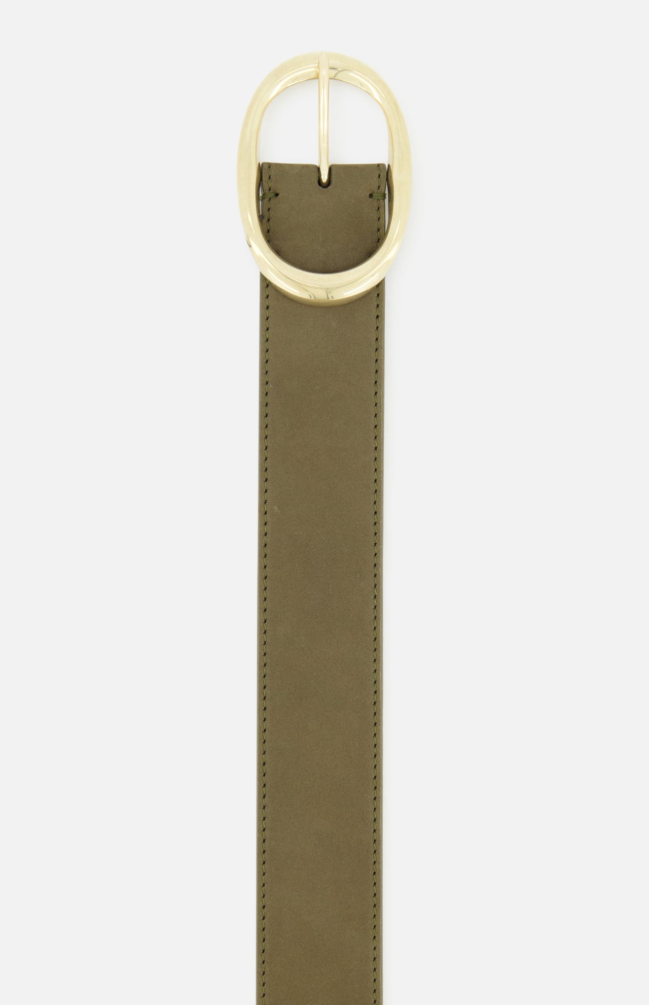 A close-up of the TWP Wide Leather Belt in olive green suede with a large, oval gold buckle, displayed against a white background.