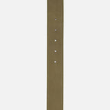 A close-up of the TWP Wide Leather Belt in olive green shows its neat stitching and five adjustment holes. Displayed vertically on a white background, this piece is ideal as a women’s workwear accessory.