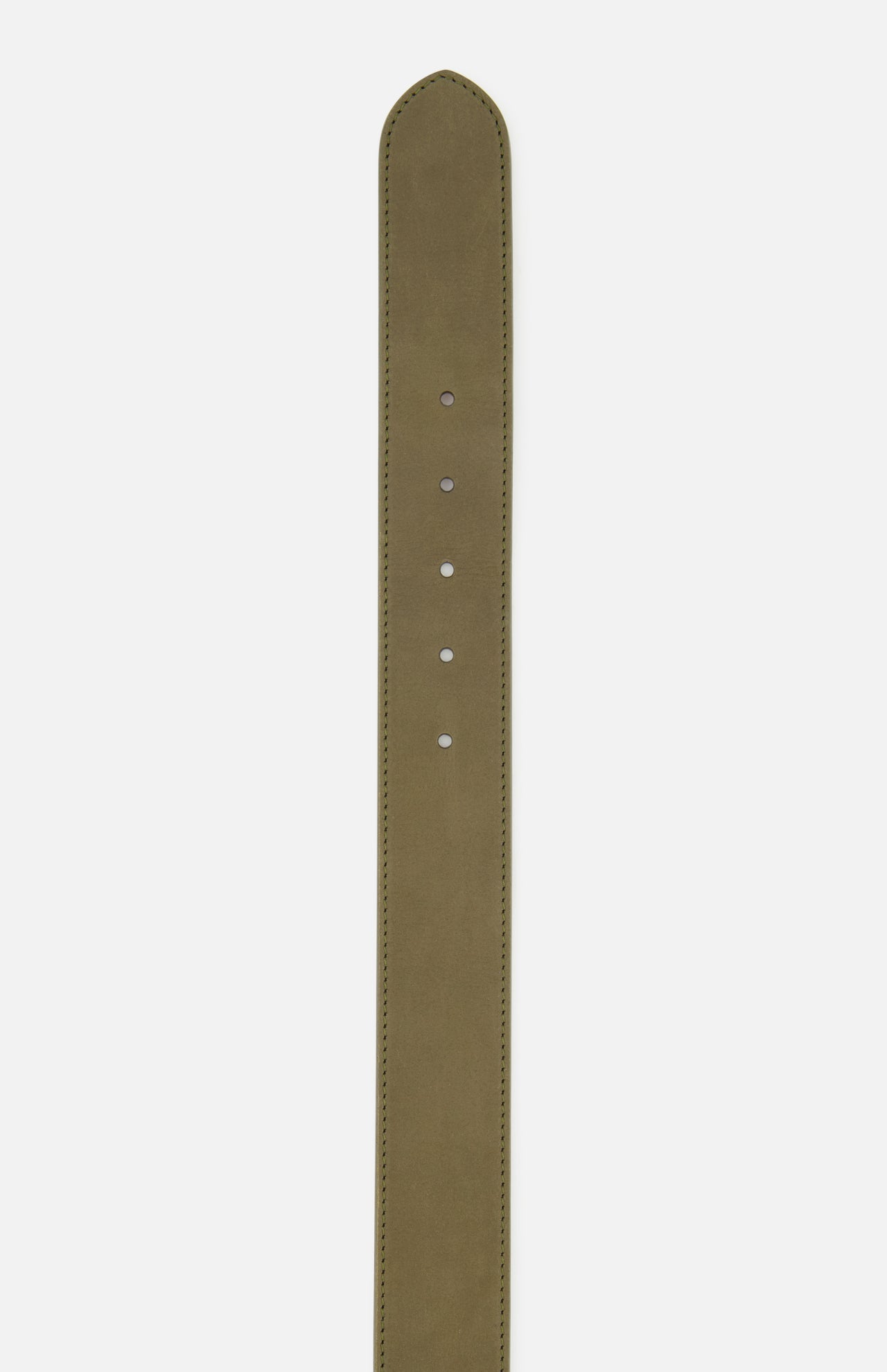 A close-up of the TWP Wide Leather Belt in olive green shows its neat stitching and five adjustment holes. Displayed vertically on a white background, this piece is ideal as a women’s workwear accessory.