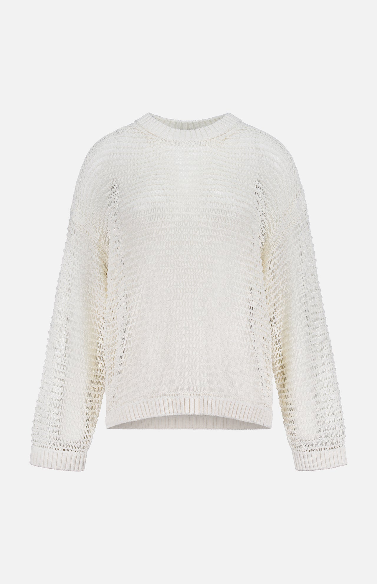 The TWP Wide Crewneck Long Sleeve Pullover Sweater features a cream color, open-knit design, ribbed crew neckline, cuffs, and hem, shown on a white background.