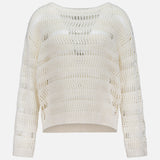 The TWP Wide Neck Long Sleeve Knit Sweater features an ivory linen-silk blend, cropped hem, semi-sheer horizontal stripes, and a boat neckline—an elegant, cream-colored workwear option for women.