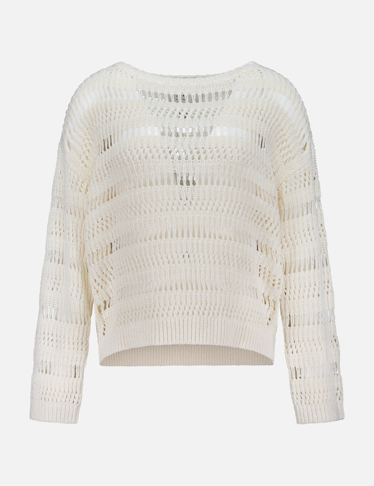 The TWP Wide Neck Long Sleeve Knit Sweater features an ivory linen-silk blend, cropped hem, semi-sheer horizontal stripes, and a boat neckline—an elegant, cream-colored workwear option for women.