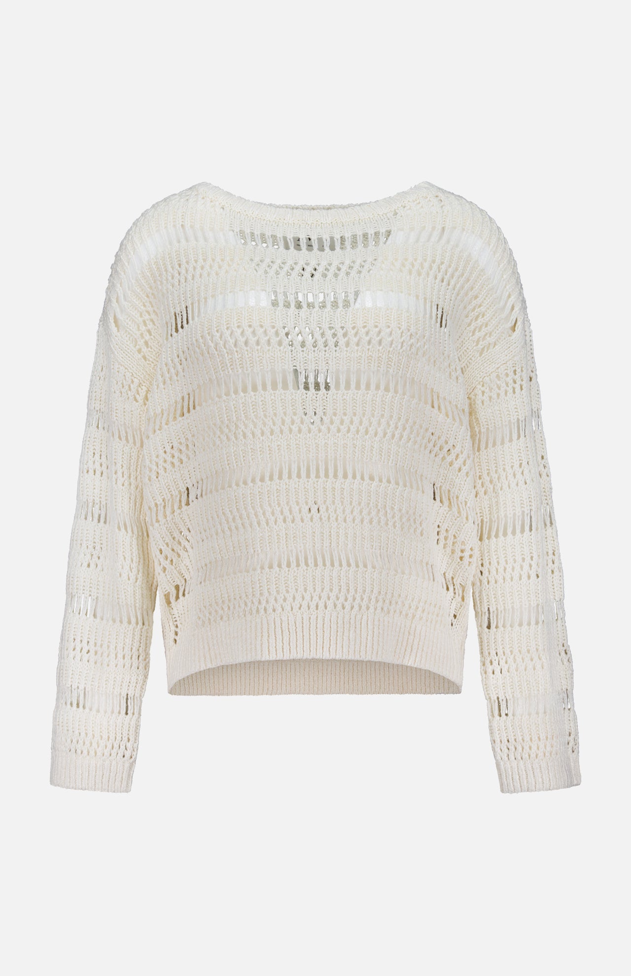 The TWP Wide Neck Long Sleeve Knit Sweater features an ivory linen-silk blend, cropped hem, semi-sheer horizontal stripes, and a boat neckline—an elegant, cream-colored workwear option for women.