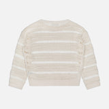 Back view of the TWP Wide Neck Long Sleeve Knit Sweater in ivory, featuring a linen-silk blend, horizontal open-knit stripes, ribbed hem and cuffs, shown on a plain white background.