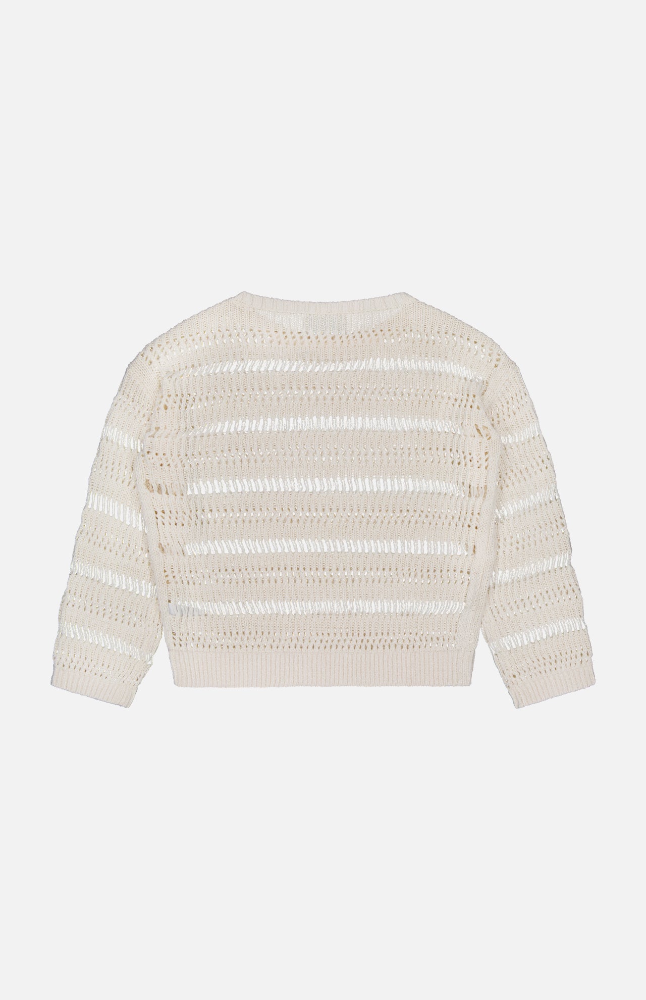 Back view of the TWP Wide Neck Long Sleeve Knit Sweater in ivory, featuring a linen-silk blend, horizontal open-knit stripes, ribbed hem and cuffs, shown on a plain white background.
