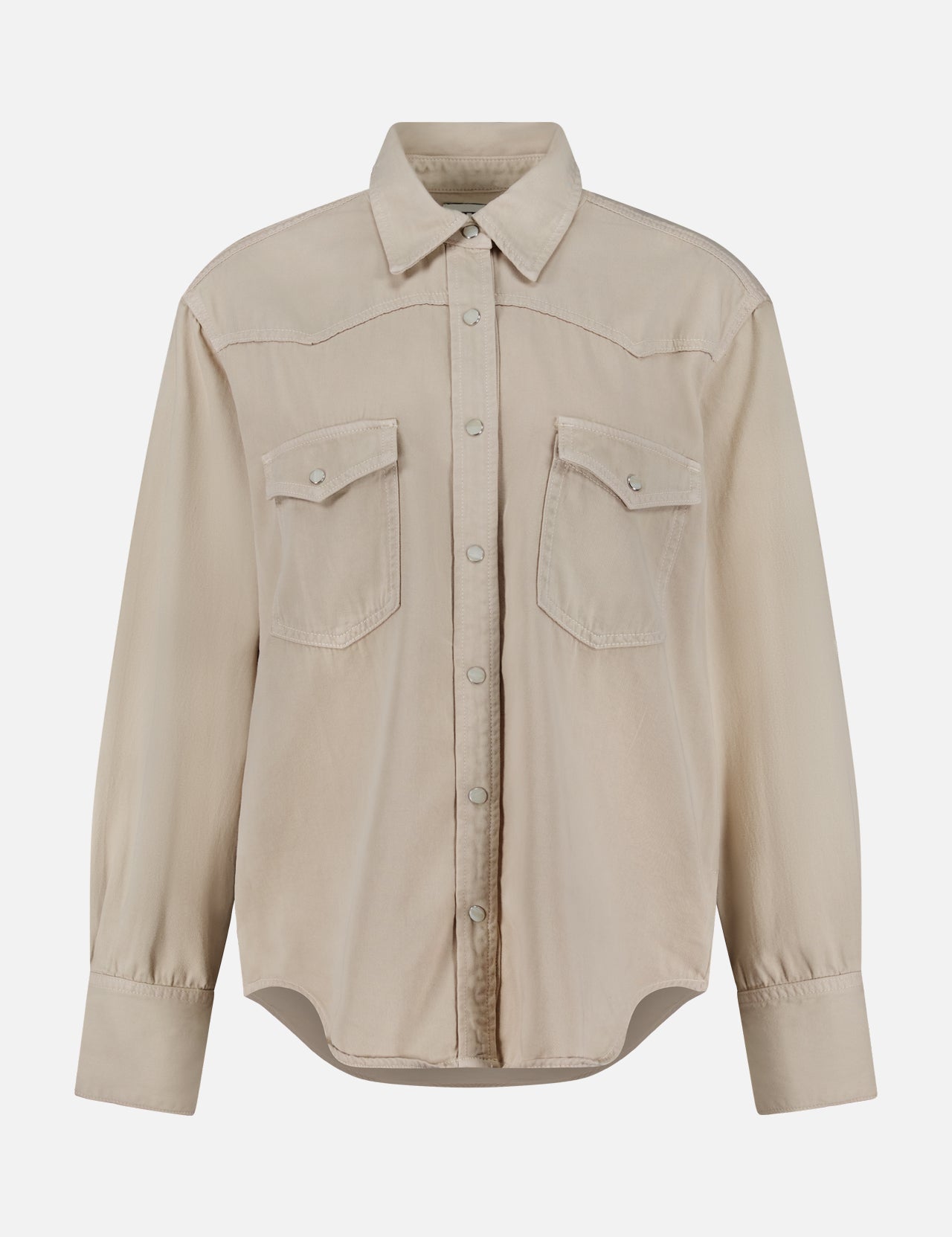 The TWP Yellowstone Western Blouse is a beige, long-sleeve button-up shirt featuring a classic collar, two chest flap pockets, and buttoned cuffs, displayed on a plain white background.
