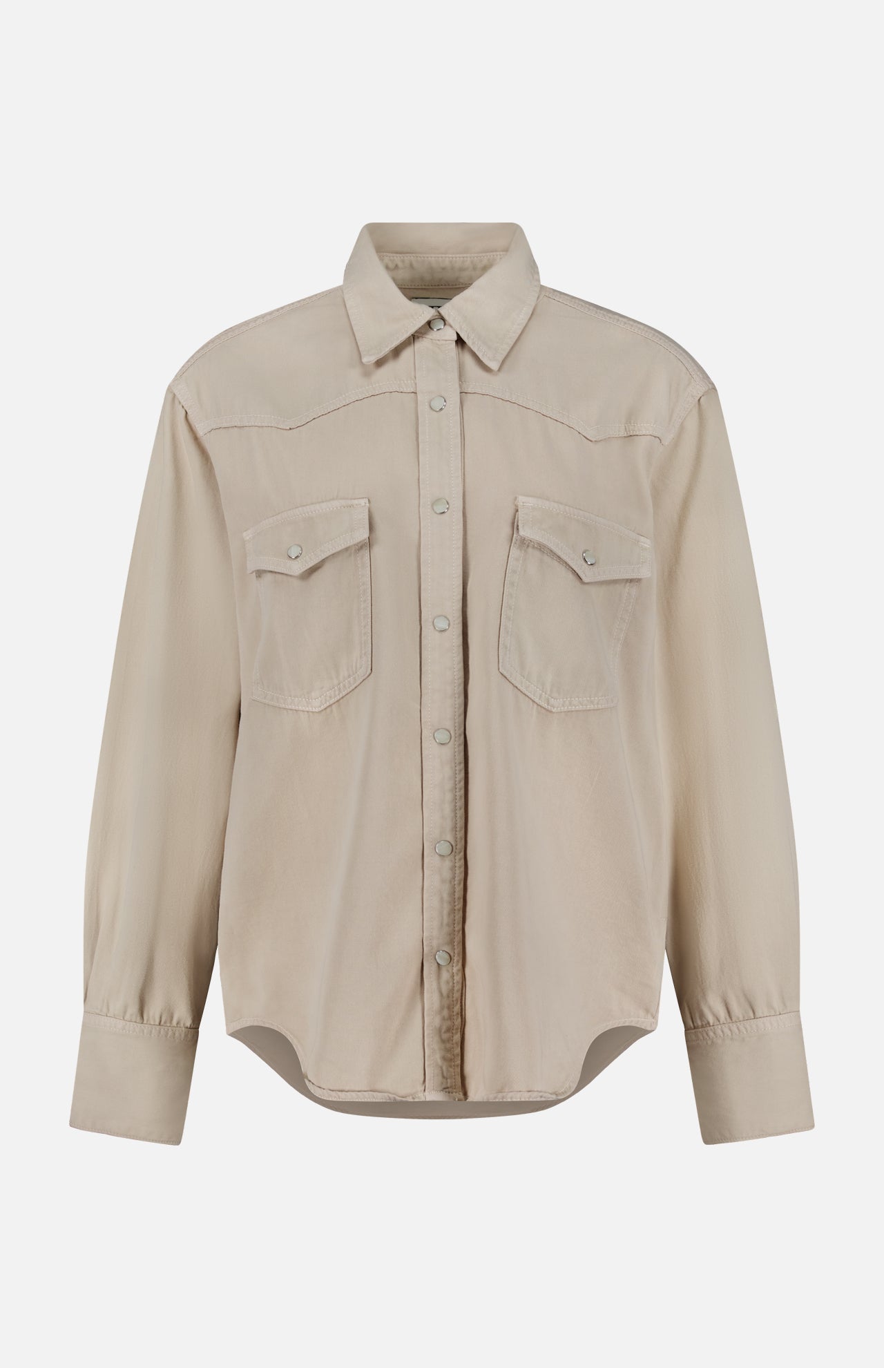 The TWP Yellowstone Western Blouse is a beige, long-sleeve button-up shirt featuring a classic collar, two chest flap pockets, and buttoned cuffs, displayed on a plain white background.