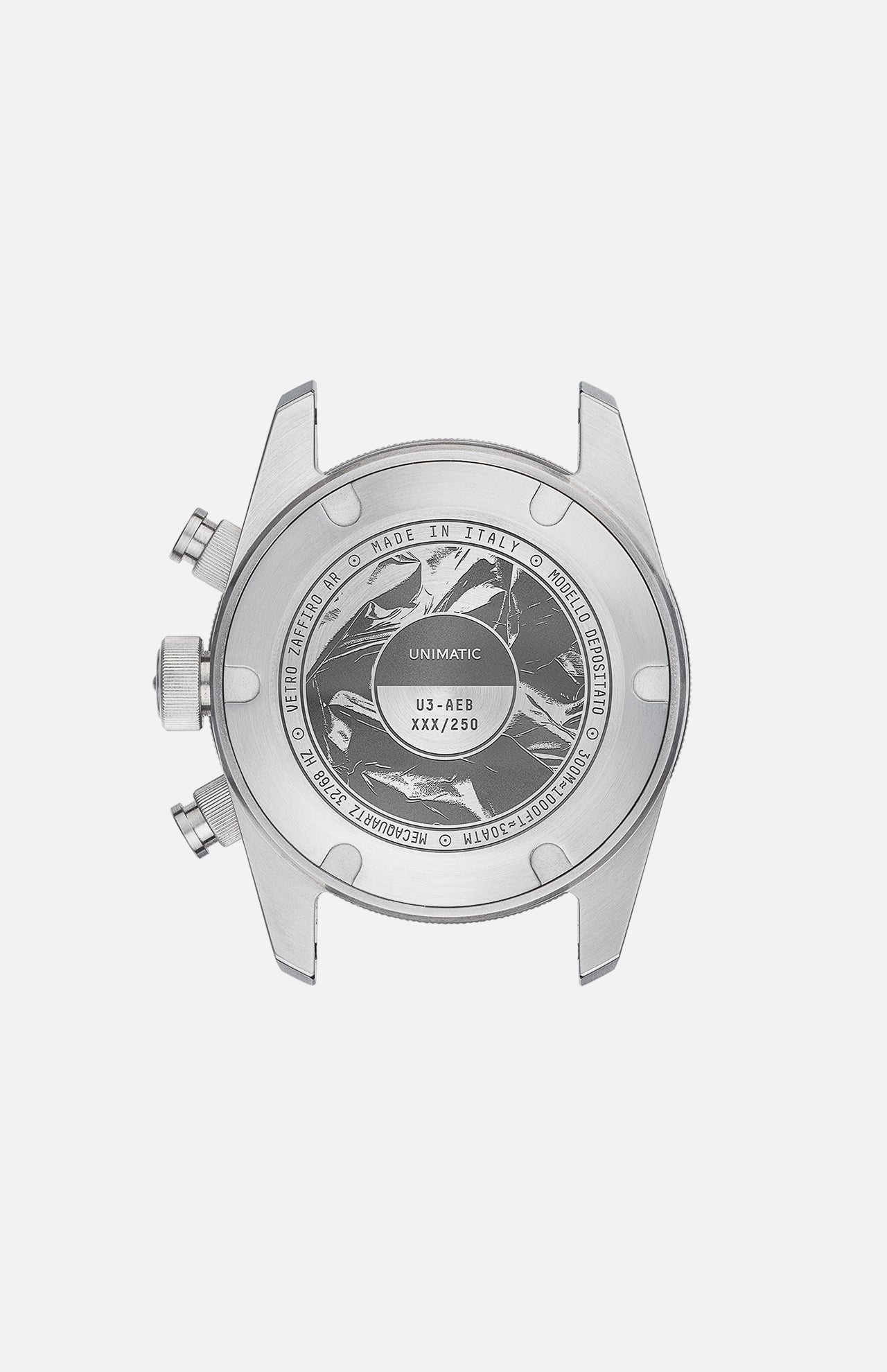 The back of a UNIMATIC U3-AE diving watch features engravings such as “Made in Italy,” “XX/250,” and other specifications. The Italian-made metallic case includes two side buttons and visible screws.