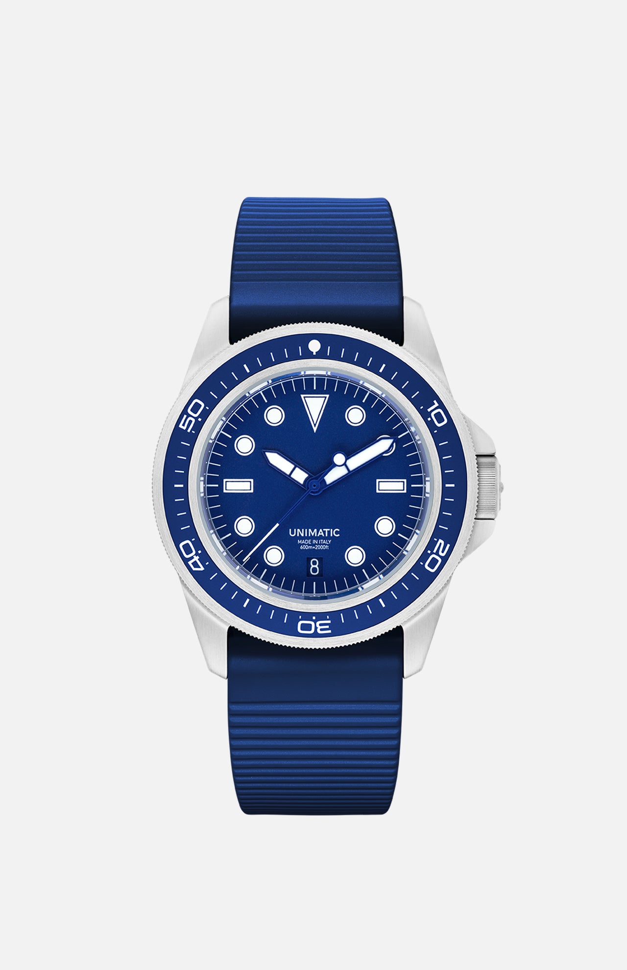 UNIMATIC Professional Dive Watch featuring a blue dial, blue bezel, and a blue ribbed strap with a Swiss automatic movement.