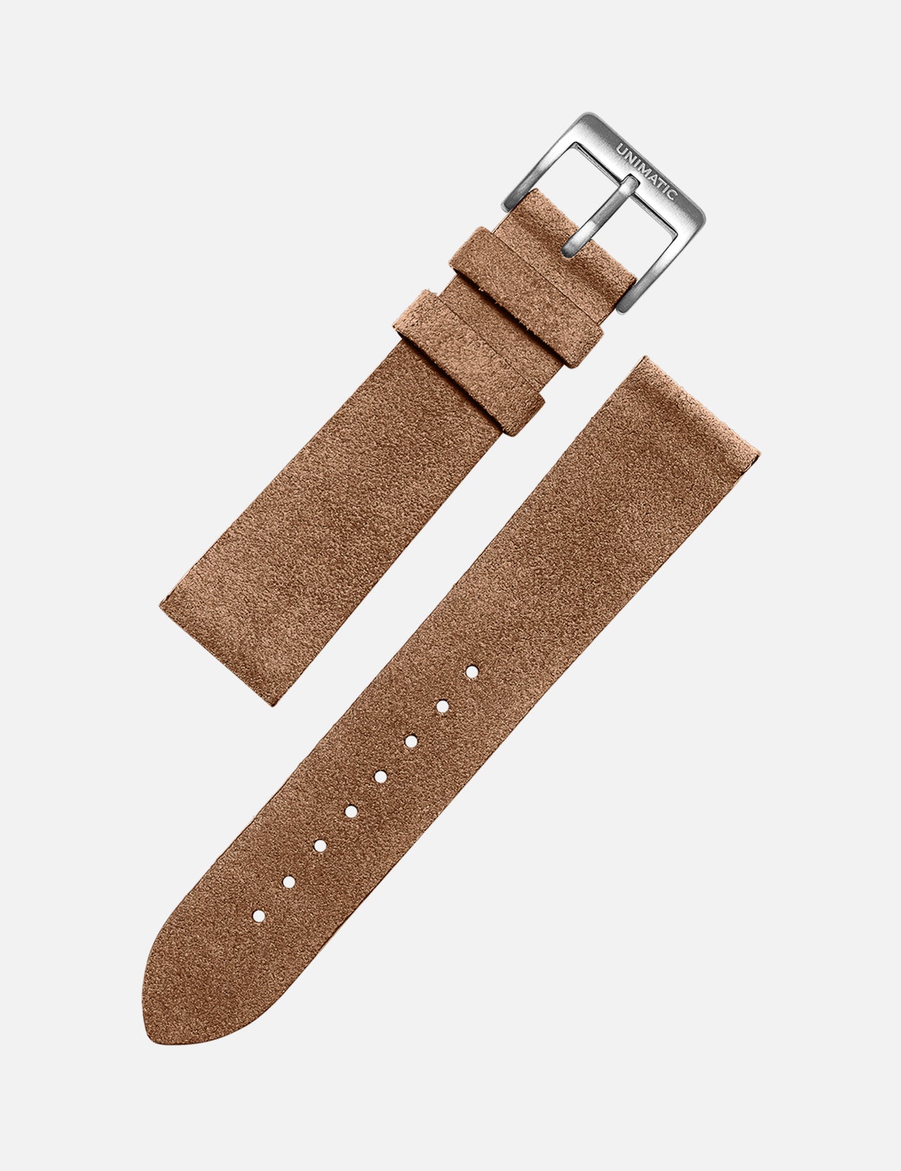 The UNIMATIC Hydrovelour Briarwood leather strap features soft, textured light brown suede, a silver buckle, and multiple adjustment holes. Shown in two pieces on white, it’s ideal for vintage watches.