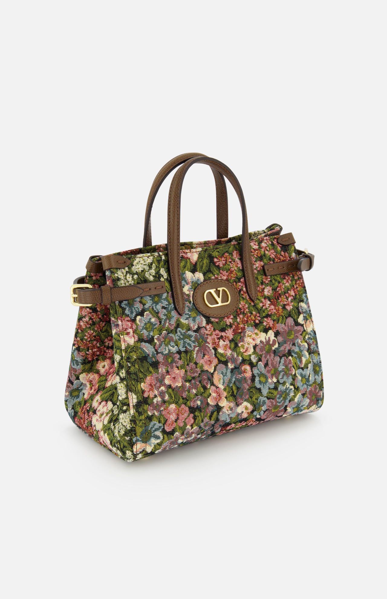 The Antibes Small Floral Tote Bag by VALENTINO GARAVANI features jacquard fabric, brown leather handles and trim, vintage floral design, and signature gold VLogo hardware on the front.
