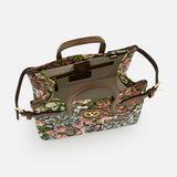 The VALENTINO GARAVANI Antibes Small Floral Tote Bag features brown handles and trim, a spacious beige interior seen from above, a zip pocket, and gold hardware accents.