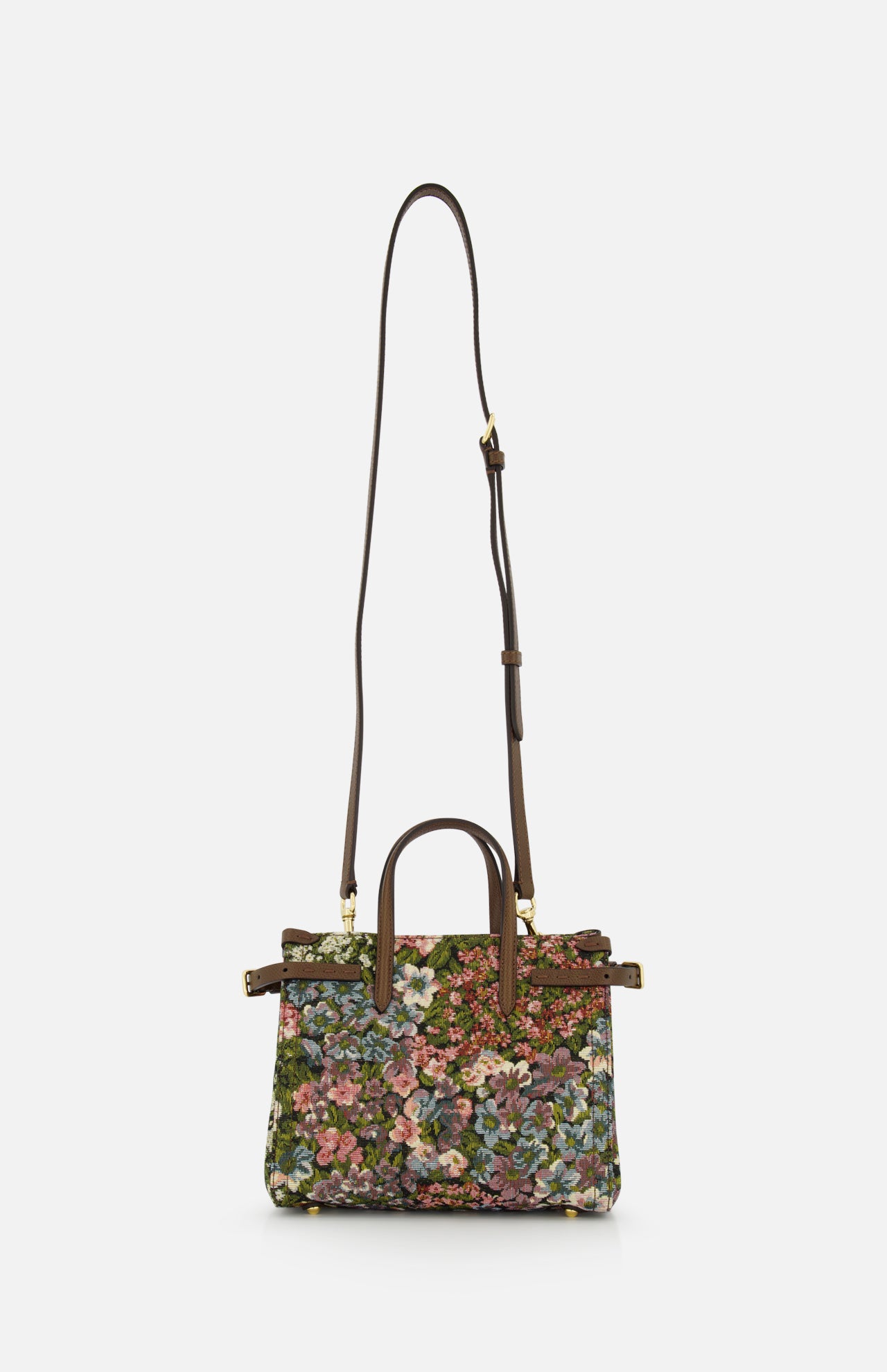 The VALENTINO GARAVANI Antibes Small Floral Tote Bag features a vintage pink, green, and brown jacquard print, two short handles, a long adjustable strap, and gold VLogo hardware against a plain white background.