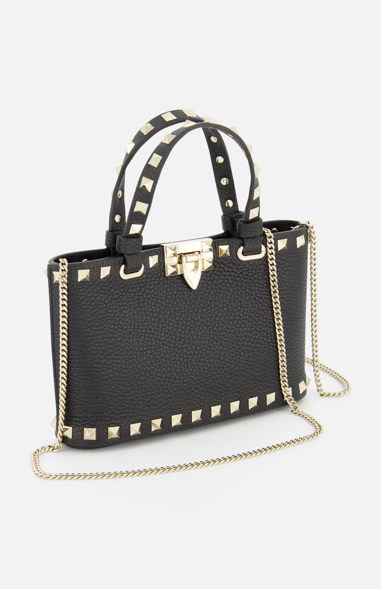The VALENTINO GARAVANI Rockstud Removable Chain Strap Mini Bag is a black leather purse with gold pyramid studs, a removable gold chain strap, two studded short handles, and a structured rectangular silhouette for edgy elegance.